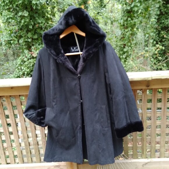 Vintage Y2K Hooded Black Faux Suede Coat Lined in Black Faux Fur  Coat Sz M/L - Picture 5 of 13